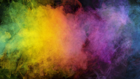 colorful rainbow holi paint color smoke isolated on black backgroundの写真素材