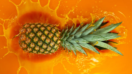 Freeze motion of falling fresh pineapple into juice