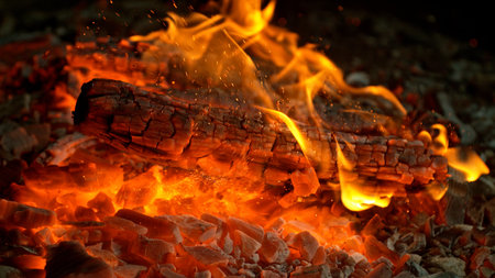 Detail Shot of Hot Embers with Flying Sparksの写真素材