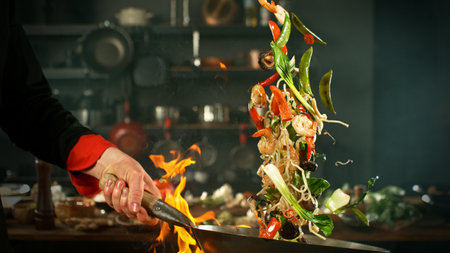 Freeze Motion of Flying Asian Meal with Vegetable and Prawns into Wok Panの写真素材