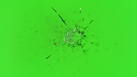 Freeze Motion Shot of Glass Shattered by a Bullet from a Pistol on Green Screen Backgroundの写真素材