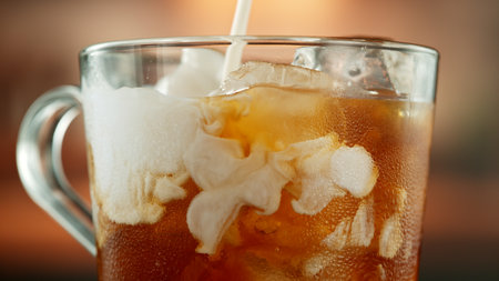 Macro Shot of Pouring Milk into Ice Coffee, Close-upの写真素材