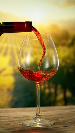 Close-up of red wine pouring into glass , sunny vineyard in backgroundの写真素材