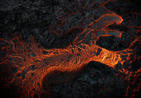 Aerial view of the texture of a solidifying lava field, close-up