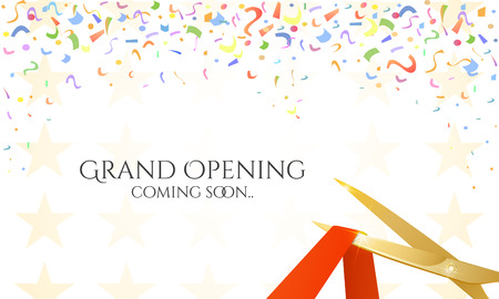 Golden scissors, a red ribbon and confetti on white background.のイラスト素材