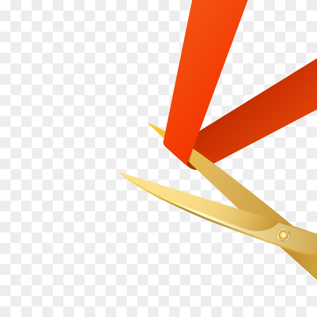 Grand Opening celebrities illustration with gold scissors and red ribbon isolated. Vector illustrationのイラスト素材