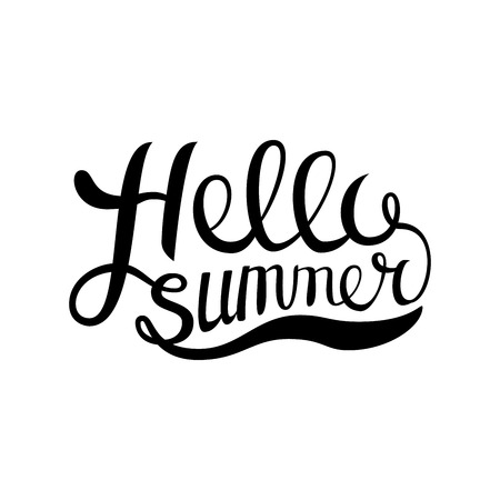 Hello Summer vector illustration isolated on white background. Fun quote. Hand lettering inspirational typography poster with rays. Handwritten banner, logo, label or badge.のイラスト素材