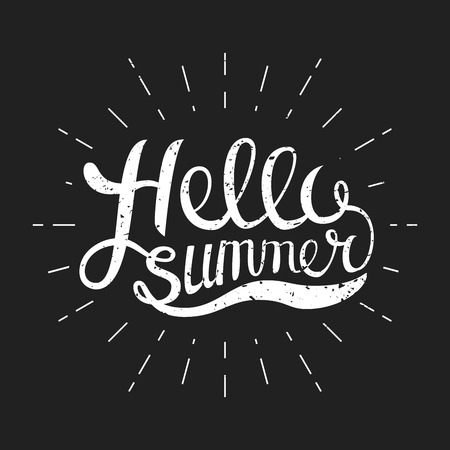 Hello Summer vector illustration isolated on white background. Fun quote. Hand lettering inspirational typography poster with rays. Handwritten banner, logo, label or badge.のイラスト素材