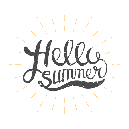 Hello Summer vector illustration isolated on white background. Fun quote. Hand lettering inspirational typography poster with rays. Handwritten banner, logo, label or badge.のイラスト素材