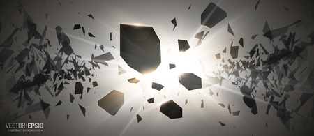 Powerful burst. Black particles on dark background. Explosion cloud of black pieces with glow lights. Abstract vector illustrationのイラスト素材