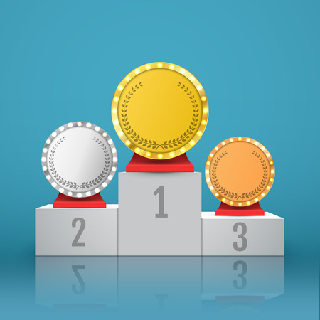 Gold, Silver and Bronze Trophy Cup on prize podium.のイラスト素材