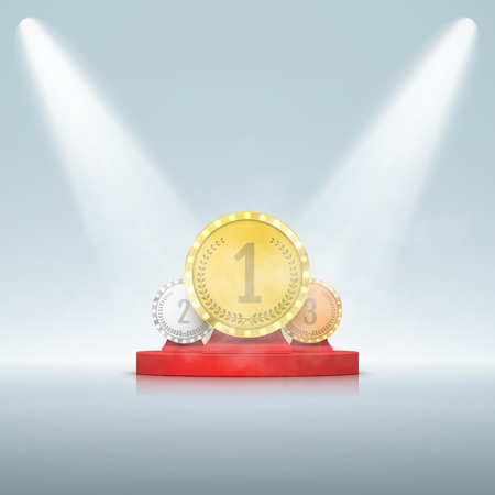 Trophy Cup on prize podium with confetti. Winners award. Vectorのイラスト素材