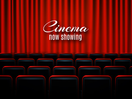 Movie cinema premiere poster design with red curtains. Vector banner.のイラスト素材