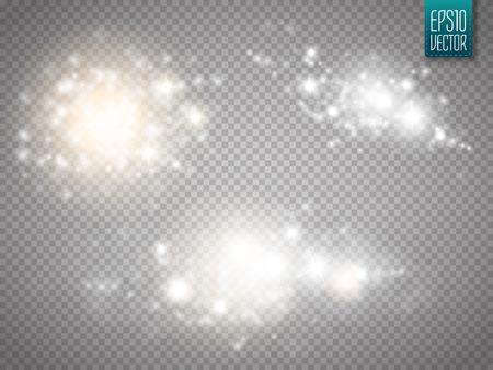 Set of golden glowing lights effects isolated on transparent background.のイラスト素材