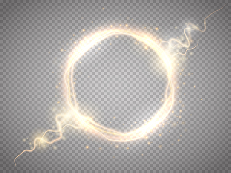 Golden glow round frame with electric discharge isolated. Vector illustrationのイラスト素材