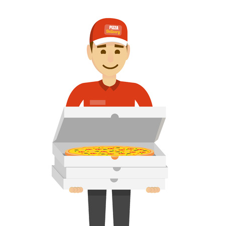 Delivery boy with pizza. Funny character man isolated on white.のイラスト素材