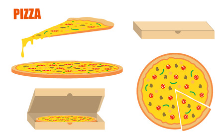 Pizza template. Whole pizza and slices with boxes. Flat style illustration isolated on whiteのイラスト素材