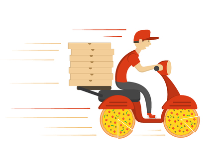 Delivery concept design. Boy ride scooter motorcycle with box. Vectorのイラスト素材