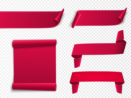Red curved paper blank banners isolated on transparent background. Vectorのイラスト素材