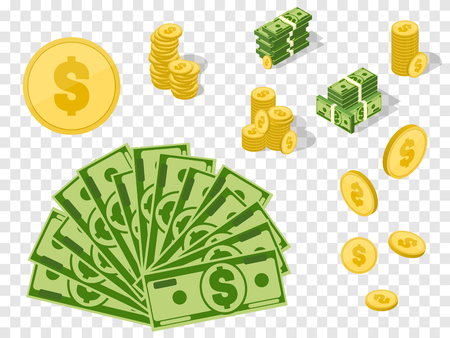 Money set. Coins and banknotes isolated. Vector success concept illustration.のイラスト素材