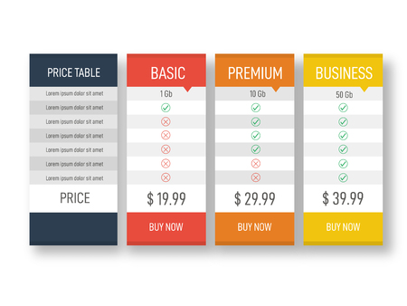 Price table for websites and applications. Business template in flat style. Vector illustrationのイラスト素材