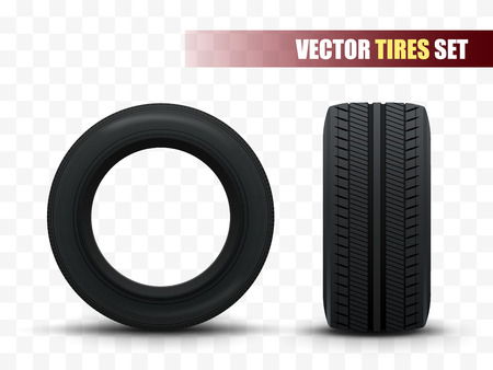 Tires set. 3d realistic car tires isolated on white. Vector illustrationのイラスト素材