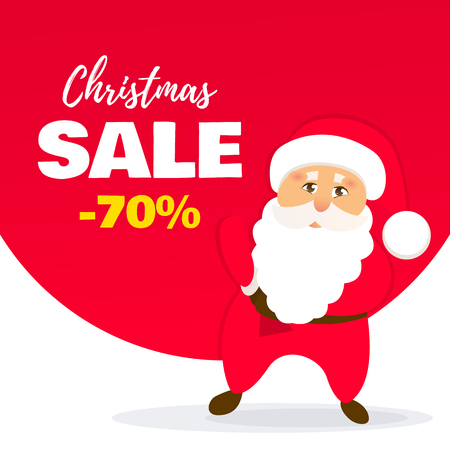 Sale Christmas banner. Vector illustration of Santa Claus with big bag. Discount offer.のイラスト素材