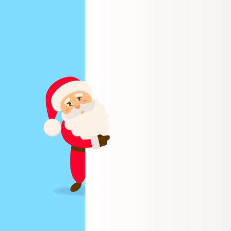 Santa Claus with signboard. Happy Santa standing behind a blank sign. Vector backgroundのイラスト素材