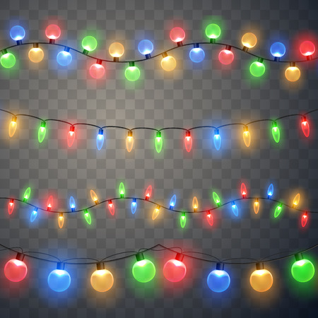 Christmas lights. Colorful Xmas garland. Vector red, yellow, blue and green glow light bulbs on wire strings isolated.のイラスト素材