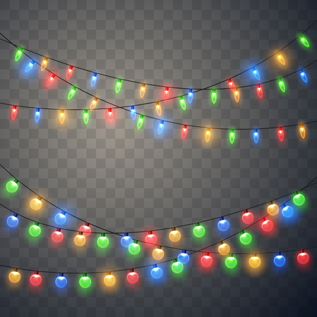Christmas lights. Colorful Xmas garland. Vector red, yellow, blue and green glow light bulbs on wire strings isolated.のイラスト素材