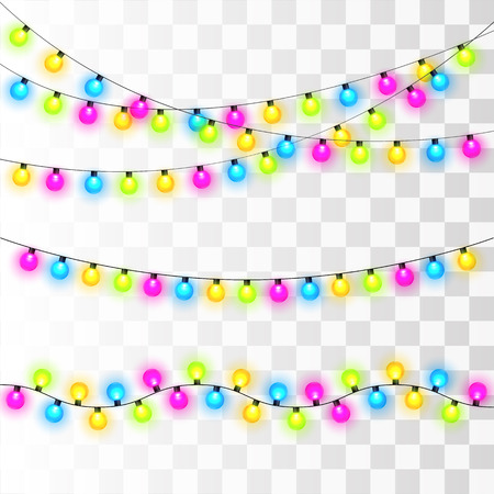 Christmas lights. Colorful Xmas garland. Vector red, yellow, blue and green glow light bulbs on wire strings isolated.のイラスト素材