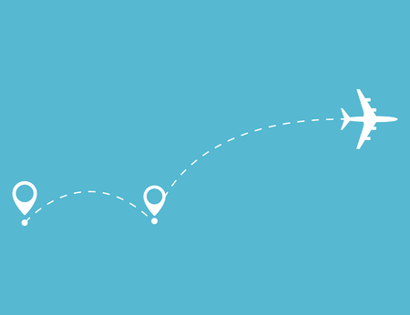Airplane travel concept. Plane with destinations points and dash route line. Vector silhouette illustrationのイラスト素材