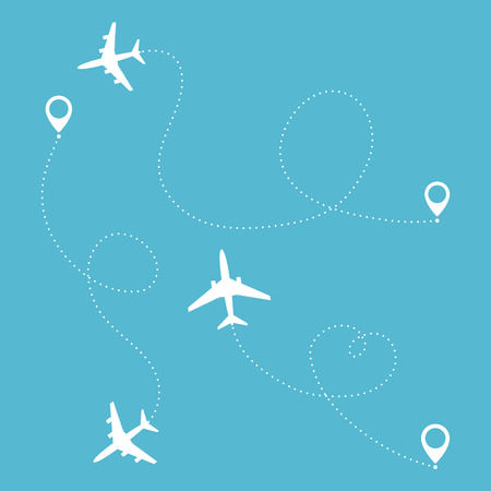 Airplane travel concept. Plane with destinations points and dash route line.のイラスト素材