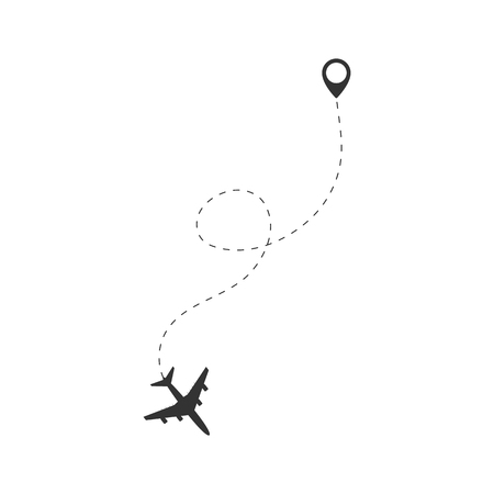 Airplane travel concept. Plane with destinations points and dash route line. Vector silhouette illustrationのイラスト素材