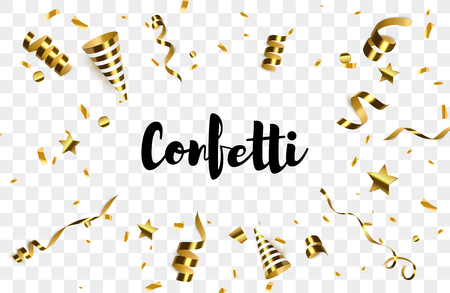 Golden confetti with party poppers isolated. Confetti burst. Vector illustrationのイラスト素材