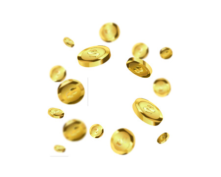 Coins isolated on white background. Gold coins explosion vector illustration. Jackpot concept.のイラスト素材