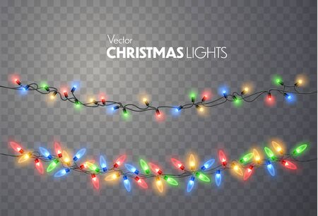 Christmas lights isolated on transparent background. Colorful bright Xmas garland. Vector red, yellow, blue and green glow light bulbs on wire strings. Vector templateのイラスト素材