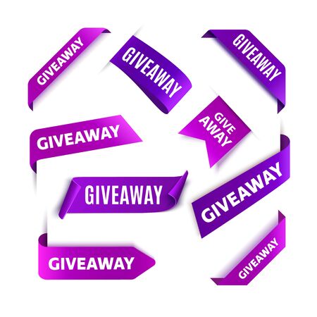 Giveaway tags or labels for social media post. Purple announcement 3d banners. Vector giveaway contest ribbons.のイラスト素材