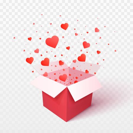 Open gift box with heart shape confetti burst explosion. 3d vector Valentines Day concept. Romantic giftのイラスト素材