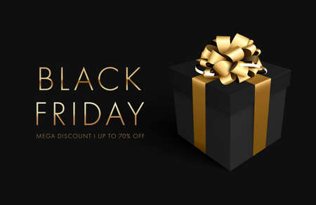 Black friday sale background with gift box. Banner, poster, golden text color on dark background for poster, banners, flyers, cardのイラスト素材