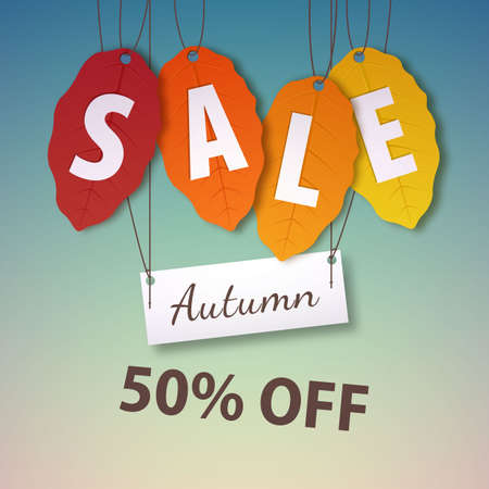 Autumn sale 50 percent off. Vector fall leaf isolated. Bright fall leaves. Poster, card, label, banner design.