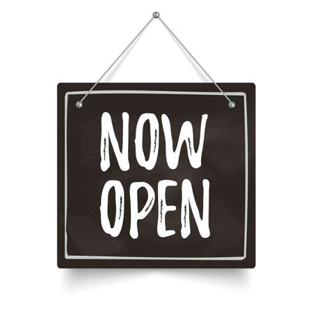 Now Open sign. Chalkboard signboard. Vector illustrationのイラスト素材