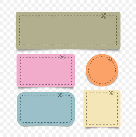 Illustration of Cut out coupon with dashed line and scissors. Different shape color coupon borders. advertising coupon cut from sheet of paperのイラスト素材