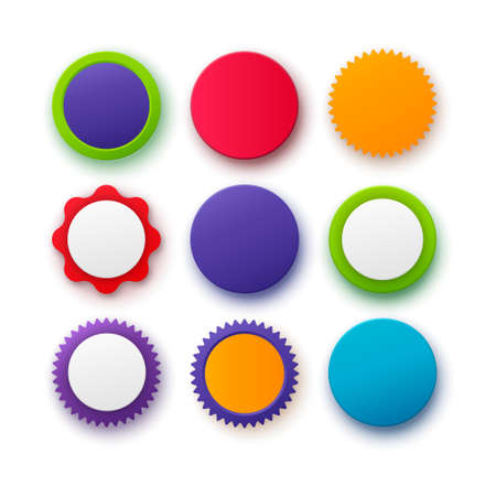 Set of colorful circle badges. Different colors round 3d badges isolated on white background. Blank badges and buttons. Vector illustrationのイラスト素材