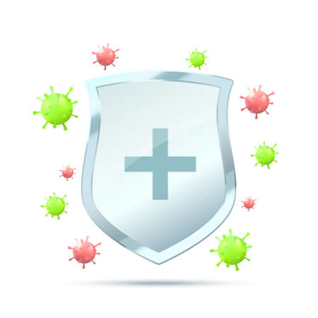 Virus protection concept. Security shield for virus protection. Vector shield on white background with Red and green virus microorganism.のイラスト素材