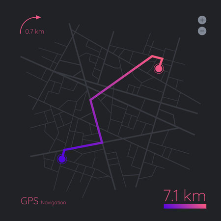 Map GPS navigation. City street map with pins. Route dashboard app. Vector route navigator.のイラスト素材