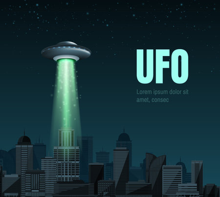 UFO spaceship with a light beam flying over the city. UFO day Vector illustrationのイラスト素材