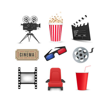 Cinema icons set isolated on white background. Film industry objects. Tickets, popcorn, film strip, 3d glasses, movie camera and seats.のイラスト素材