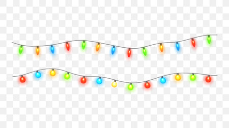 Christmas lights isolated. Colorful Xmas garland. Vector glowing light bulbs on wire strings.のイラスト素材