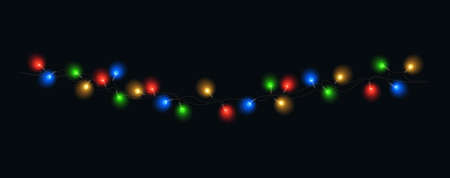 Christmas lights isolated. Colorful Xmas garland. Vector glowing light bulbs on wire strings.のイラスト素材
